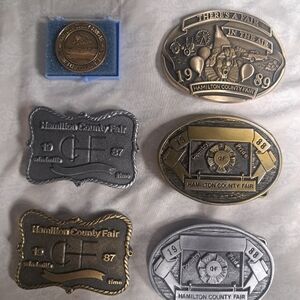 Set of 5 vintage belt buckles and coin